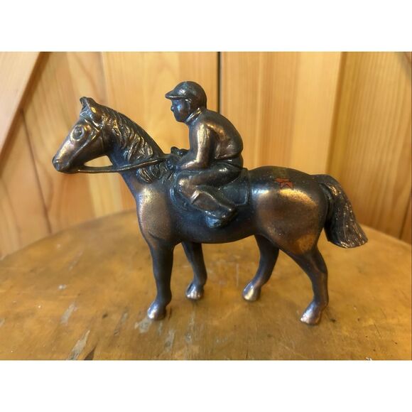 VINTAGE COPPER PLATED JOCKEY ON HORSE EQUESTRIAN FIGURINE (5869) - Picture 1 of 6